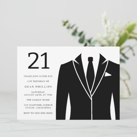 Zwarte Suit & Stropdas 21e verjaardag Kaart (Staand voorkant)