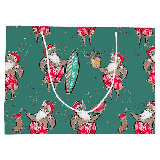 Zwarte Surfin' Santa Tropical Holiday Gift Bag Groot Cadeauzakje (Achterkant)