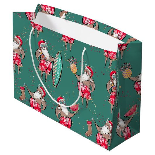 Zwarte Surfin' Santa Tropical Holiday Gift Bag Groot Cadeauzakje (Achterkant Gekanteld)