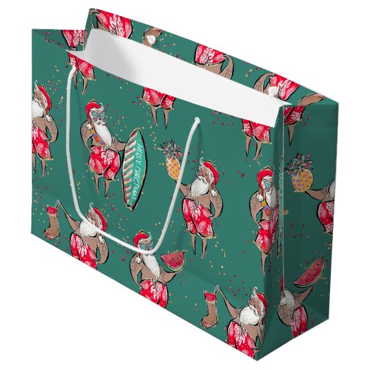 Zwarte Surfin' Santa Tropical Holiday Gift Bag Groot Cadeauzakje (Voorkant Gekanteld)