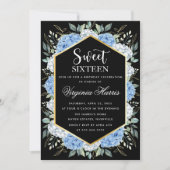 Zwarte Sweet Sixteen 16 Verjaardag met Blauwe Bloe Kaart (Voorkant)