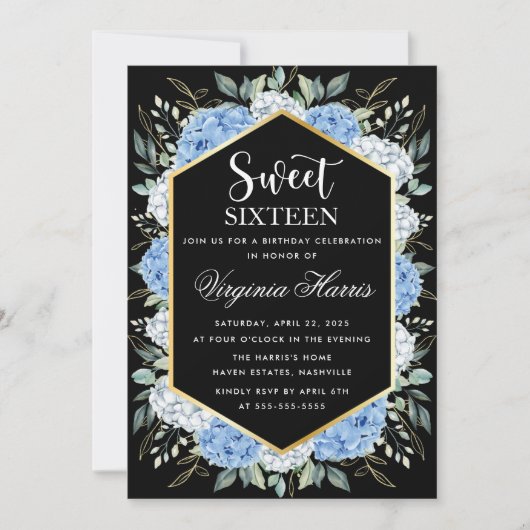 Zwarte Sweet Sixteen 16 Verjaardag met Blauwe Bloe Kaart (Voorkant)