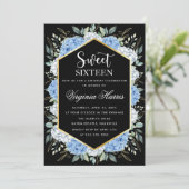 Zwarte Sweet Sixteen 16 Verjaardag met Blauwe Bloe Kaart (Staand voorkant)