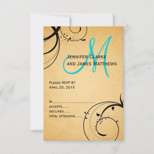 Zwarte Swirl Aqua Monogram Huwelijk RSVP (Voorkant)