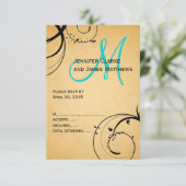 Zwarte Swirl Aqua Monogram Huwelijk RSVP (Staand voorkant)