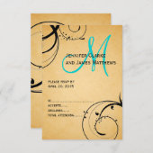 Zwarte Swirl Aqua Monogram Huwelijk RSVP (Voorkant / Achterkant)