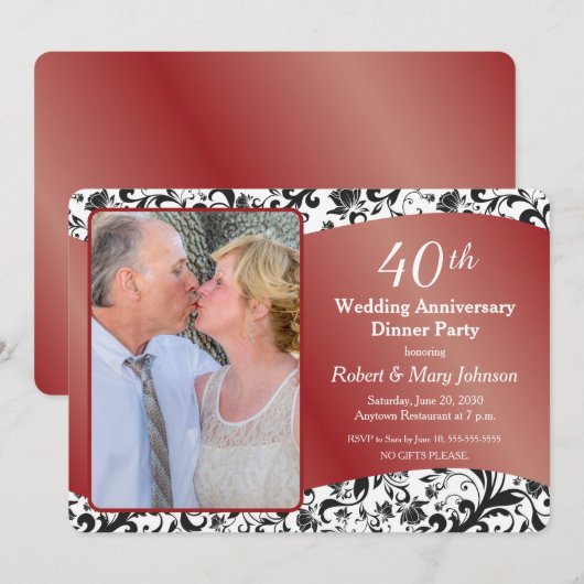 Zwarte Swirl & Robijn 40e Huwelijksjubileum Foto Kaart (Voorkant / Achterkant)