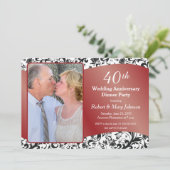 Zwarte Swirl & Robijn 40ste huwelijksjubileum Foto Kaart (Staand voorkant)
