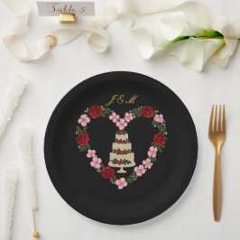 Zwarte taartdecoratie met een rozenhart papieren bordje