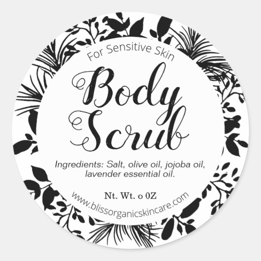 Zwarte takken op witte body scrub spa ronde sticker (Voorkant)
