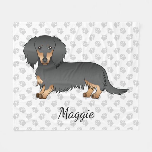 Zwarte & Tan Long Hair Dachshund Cartoon Dog & Nam Fleece Deken (Voorkant (Horizontaal))
