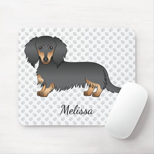 Zwarte & Tan Long Hair Dachshund Cartoon Dog & Nam Muismat (Met muis)