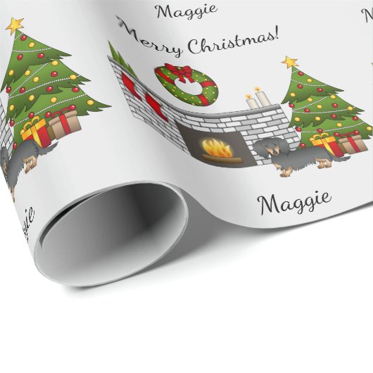 Zwarte & Tan Long Hair Dachshund - kerstruimte Cadeaupapier (Rol Hoek)