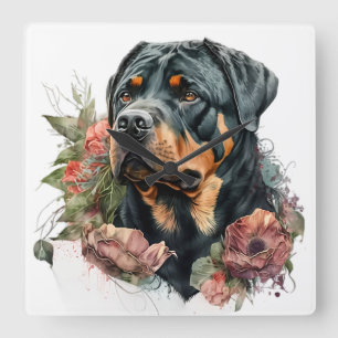ZWARTE & TAN ROTTWEILER HOND MET BLOEMEN VIERKANTE KLOK