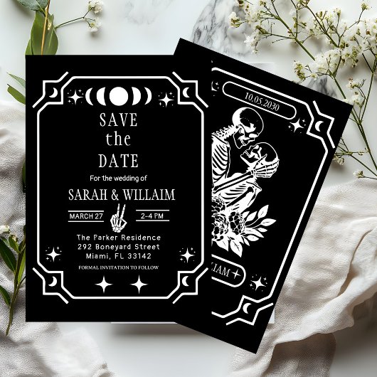 Zwarte tarot Goth save the date trouw uitnodiging