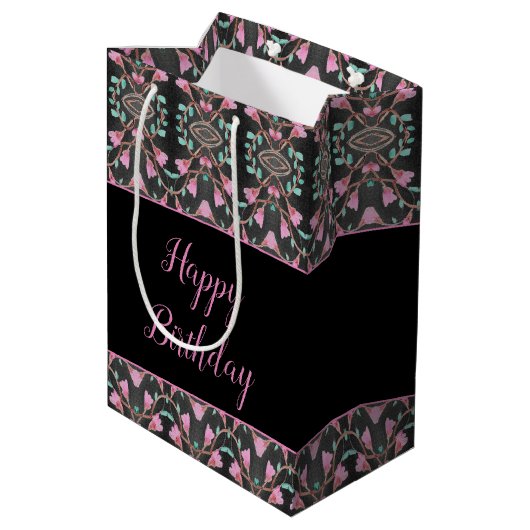 Zwarte tas met beschermlaag met Blauwgroen en roze Medium Cadeauzakje (Achterkant Gekanteld)