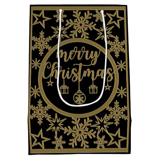 Zwarte tas met gouden kerstelementen medium cadeauzakje (Achterkant)