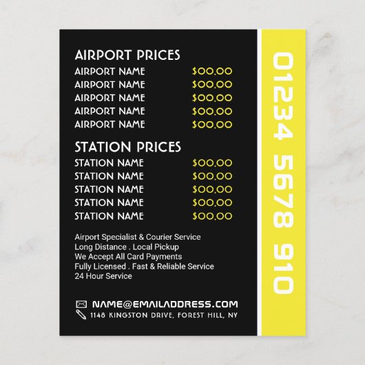 Zwarte Taxi Cab Gecirkeld Logo met Prijslijst Flyer (Achterkant)