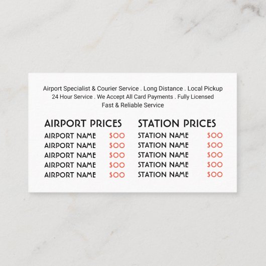 Zwarte Taxi Cab Logo, prijslijst Visitekaartje (Achterkant)