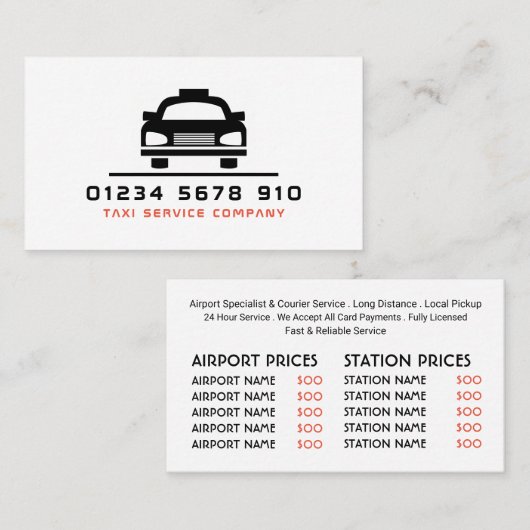 Zwarte Taxi Cab Logo, prijslijst Visitekaartje (Voorkant / Achterkant)