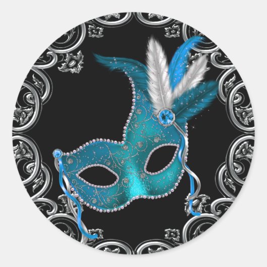 Zwarte Teal Blau Maskerade Feest Stickers (Voorkant)
