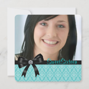 Zwarte Teal Blauwe Damast Sweet Sixteen Feest Kaart