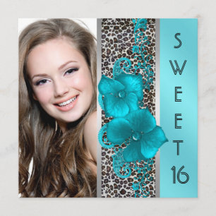 Zwarte Teal Blauwe Luipaard Foto Sweet 16 Verjaard Kaart