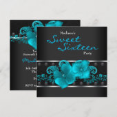Zwarte Teal Blauwe Sweet 16 Verjaardagsfeestje Kaart (Voorkant / Achterkant)