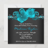 Zwarte Teal Blauwe Sweet 16 Verjaardagsfeestje Kaart (Achterkant)