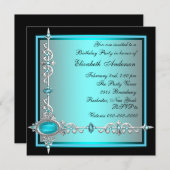 Zwarte Teal Blauwe Verjaardags Uitnodigingen (Voorkant / Achterkant)