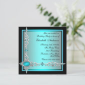 Zwarte Teal Blauwe Verjaardags Uitnodigingen (Staand voorkant)