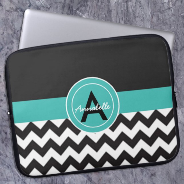 Zwarte Teal Chevron Laptop Sleeve (Creator heeft geüpload)