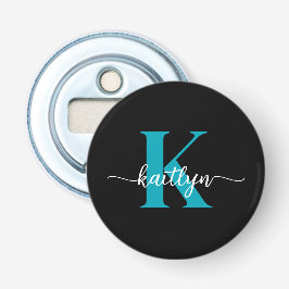 Zwarte Teal Monogram Button Flesopener