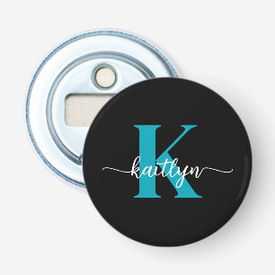 Zwarte Teal Monogram Button Flesopener