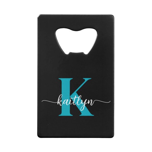 Zwarte Teal Monogram Creditkaart Flessenopener (Voorkant)