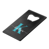 Zwarte Teal Monogram Creditkaart Flessenopener (Voorkant Gekanteld)
