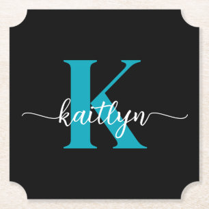 Zwarte Teal Monogram Kartonnen Onderzetters