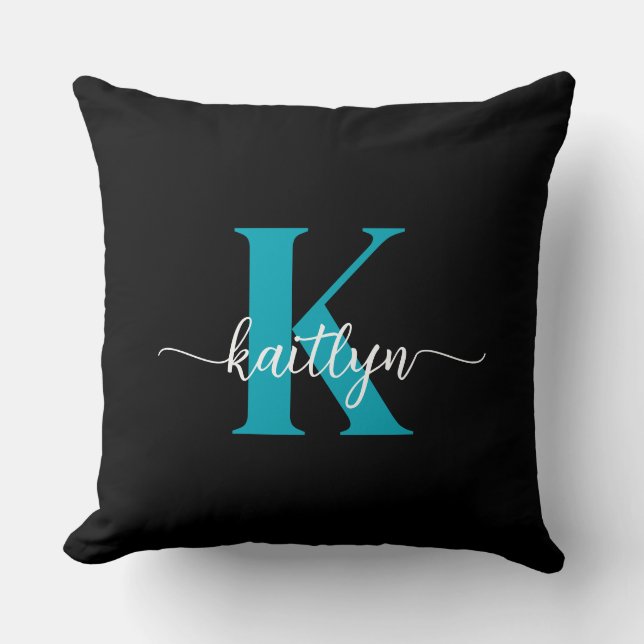 Zwarte Teal Monogram Kussen (Voorkant)