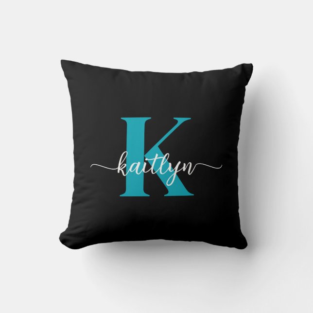 Zwarte Teal Monogram Kussen (Voorkant)