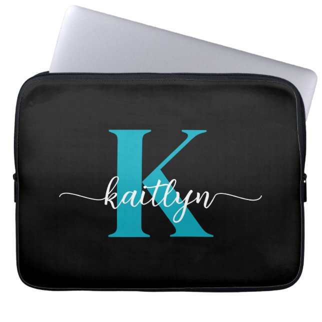 Zwarte Teal Monogram Laptop Sleeve (Voorkant)