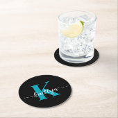 Zwarte Teal Monogram Ronde Kartonnen Onderzetter (Insitu)
