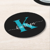 Zwarte Teal Monogram Ronde Kartonnen Onderzetter (Gebogen)