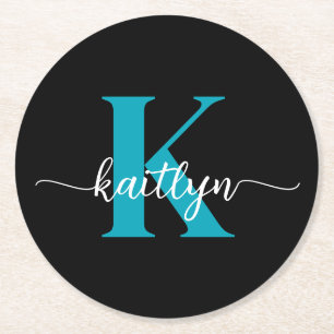Zwarte Teal Monogram Ronde Kartonnen Onderzetter