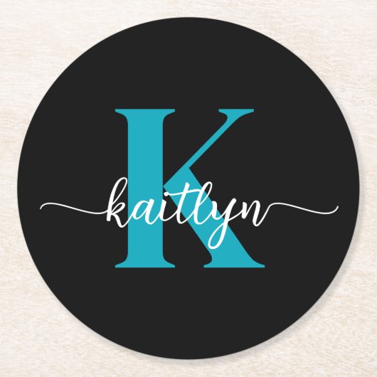 Zwarte Teal Monogram Ronde Kartonnen Onderzetter (Voorkant)