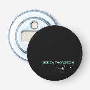 Zwarte Teal Persoonlijke Moderne Monogram Naam Button Flesopener