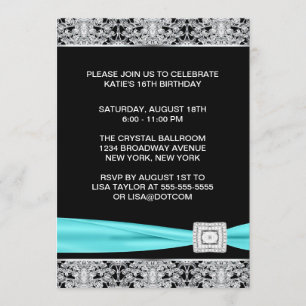 Zwarte Teal Zilveren Kant Elegante Sweet Sixteen F Kaart