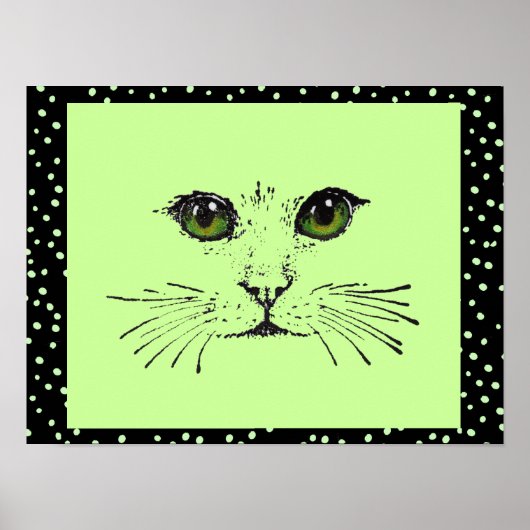 Zwarte Tekening Kat Kop Intensieve Ogen Stippen Poster (Voorkant)