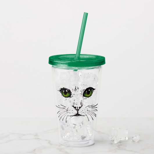 Zwarte Tekening van kat kant Whiskers Green Eyes Acryl Drinkbeker (Achterkant ijs)