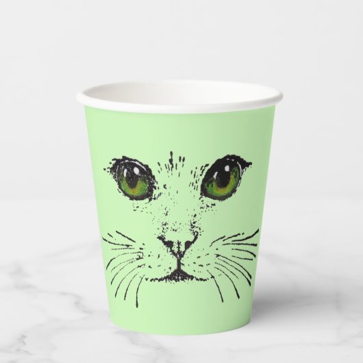 Zwarte Tekening van kat kant Whiskers Green Eyes Papieren Bekers (Voorkant)