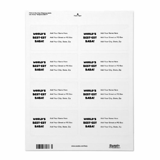 Zwarte tekst Beste Baba T-shirts en cadeautjes Etiket (Full Sheet)